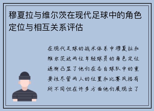 穆夏拉与维尔茨在现代足球中的角色定位与相互关系评估